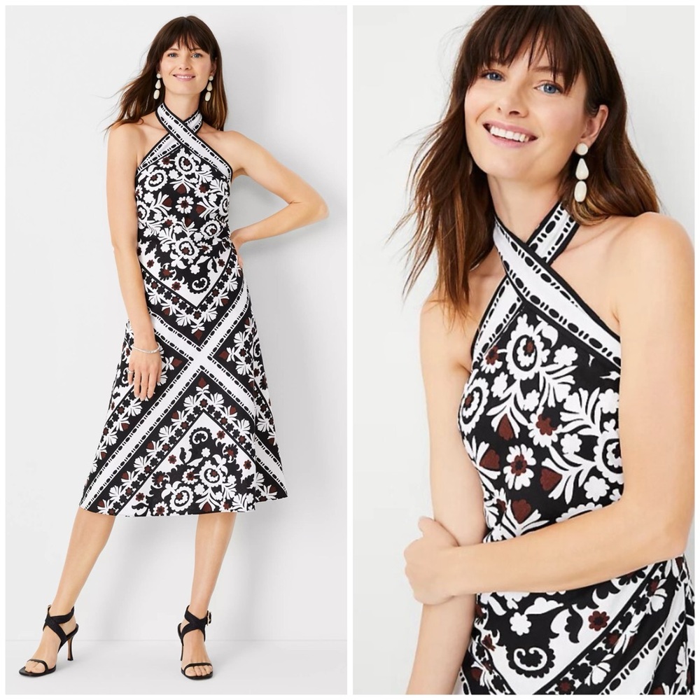 Ann Taylor Baroque Scarf Print Tie Neck Halter Linen‎ Cotton Fit N Flare Dress